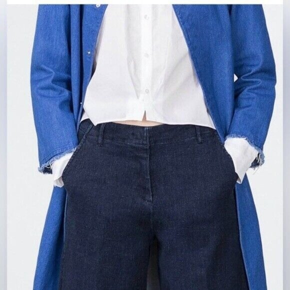 NWT Zara Blue Denim Long Collarless Coat Raw - Picture 1 of 4